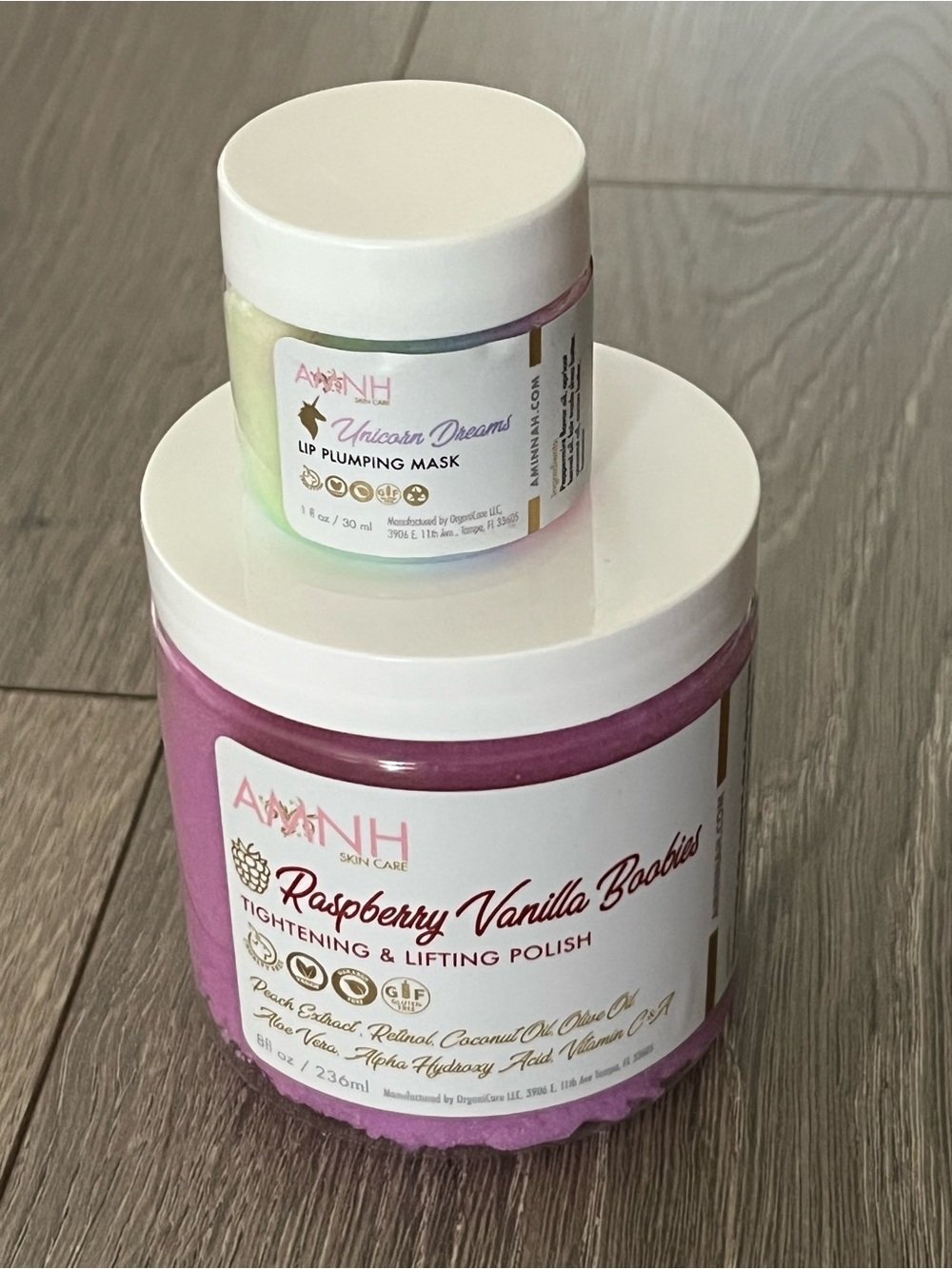 NWT Aminnah Raspberry Vanilla Boobies Tightening Polish & Unicorn Lip Mask